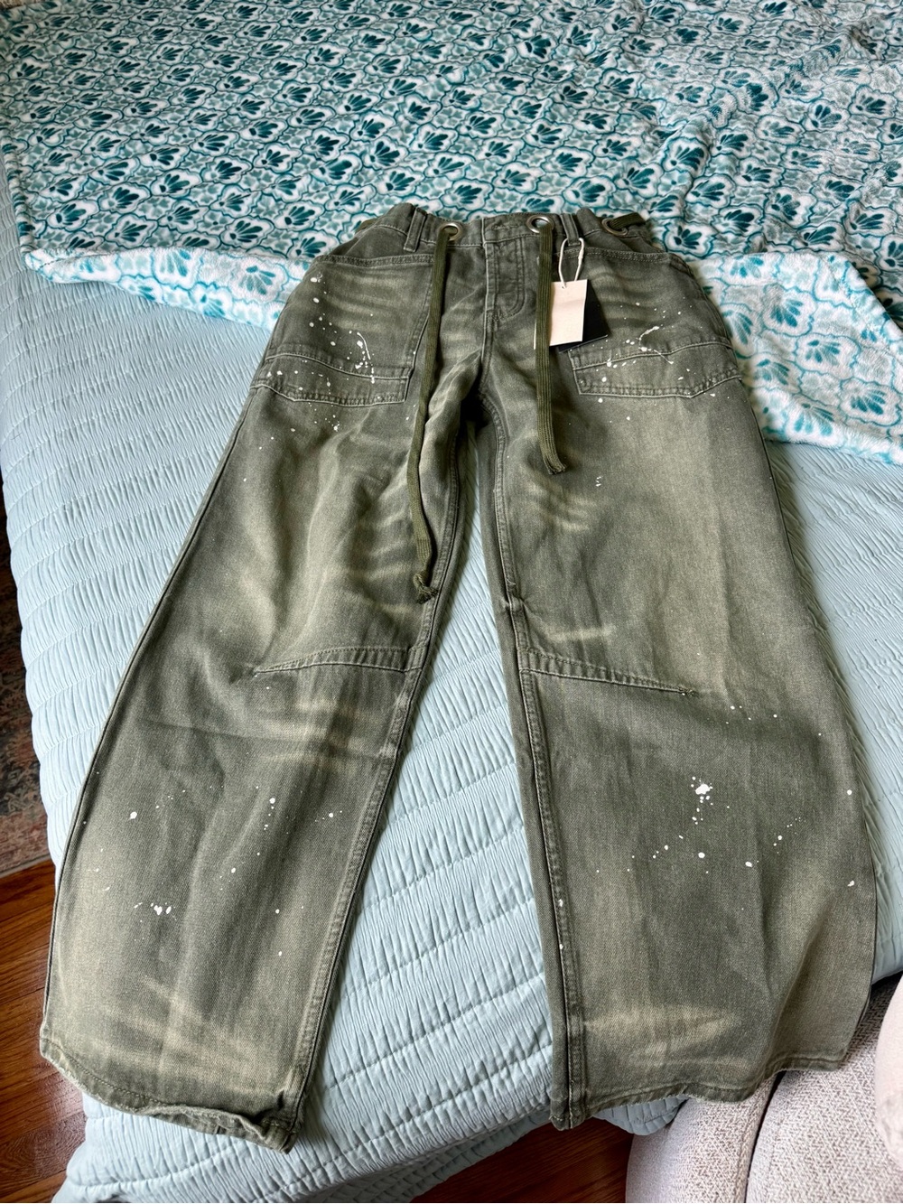 Olive Green Wide-Leg Utility Jeans with Paint-Splatter Detail